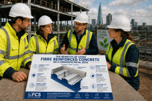 Construction professionals reviewing a Fibre Concrete Solutions board on the benefits of fibre reinforced concrete on a composite metal deck, on a building site